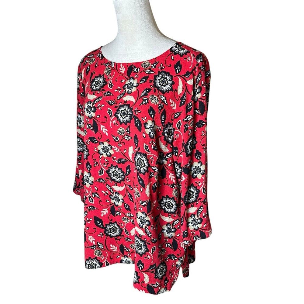 J. Jill Red Floral Stretch Tunic Blouse 3/4 Sleeve Boat Neck Relaxed Top Size XL - Picture 4 of 9